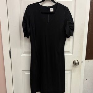 CAbi Black V-Neck Midi Dress with Puff Sleeves